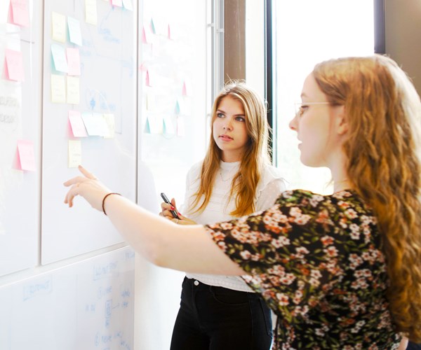 een persoon die naar een whiteboard wijst